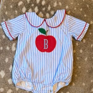 Striped Blue and White Baby Romper with Red Apple Design
